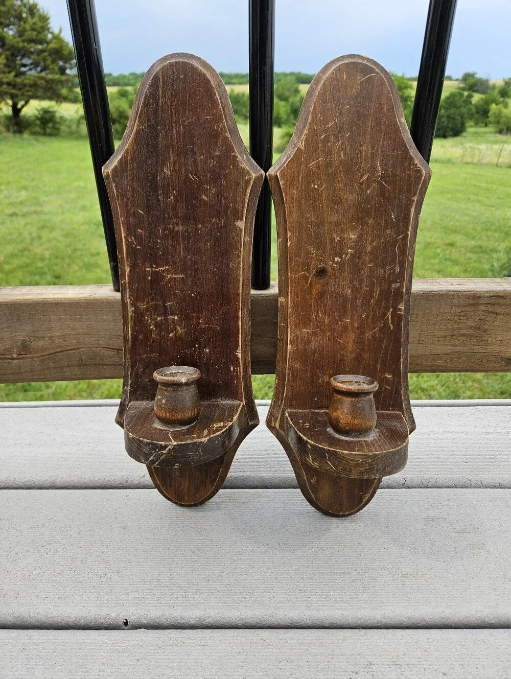 Vtg Pair Wood Wall Sconce Candle Holders Farmhouse Primitive Shelf Set of 2